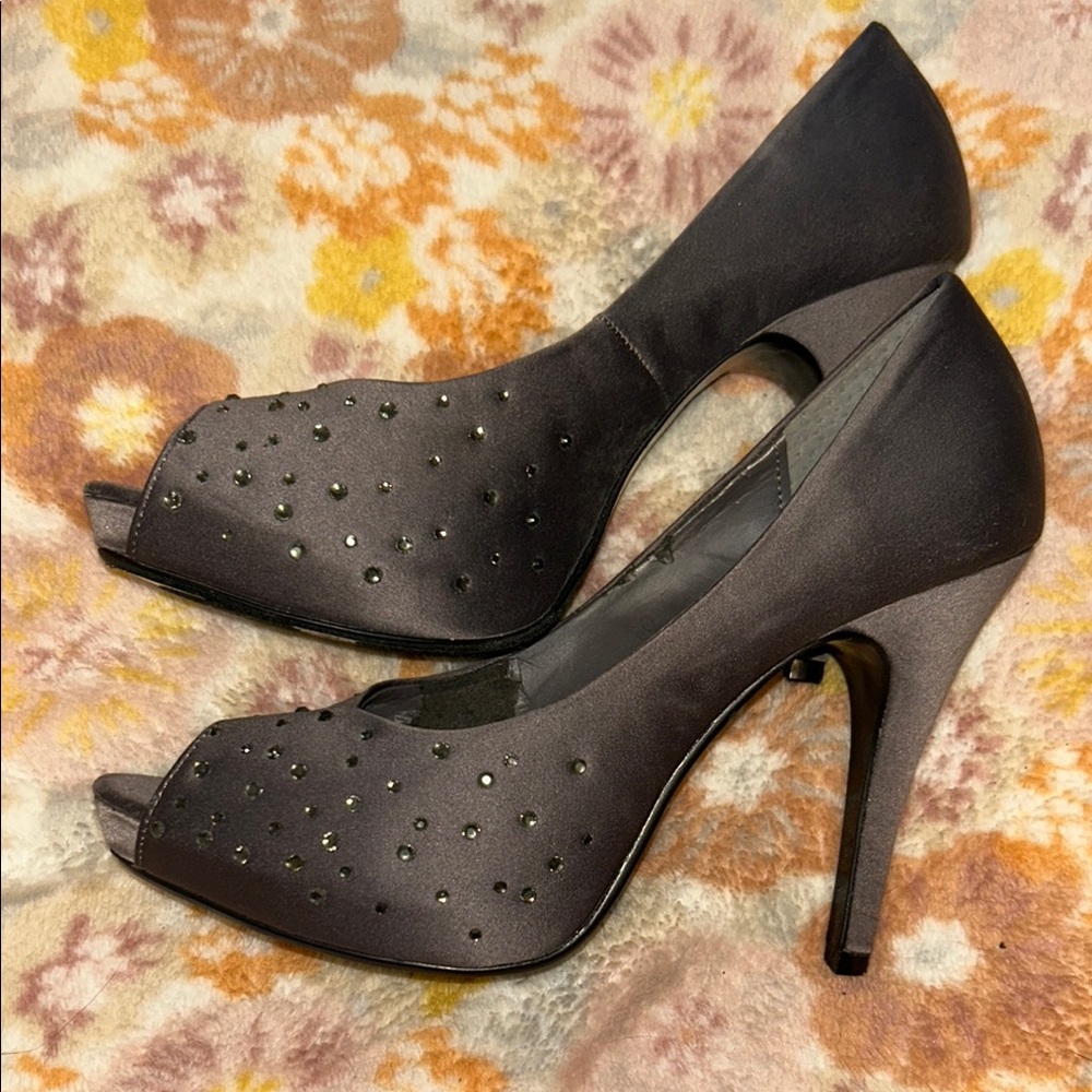 Lulu Townsend Gray Stiletto Peep-Toe Heels with Rhinestone Embellishments